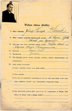 Józef Klink - wykaz stanu służby 