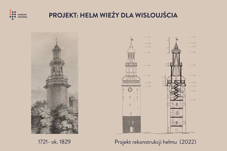 projekt rewaloryzacji hełmu wieży Twierdzy Wisłoujście. Po lewej fragment ryciny z około 1828 roku, po prawej projekt nowego hełmu wzorowany na wizerunku historycznym w przekroju i od frontu. 