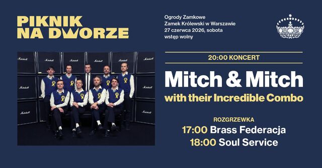 Grafika na granatowym tle prezentuje zapowiedź koncertu Mitch&Mitch na wydarzeniu Piknik na dworze