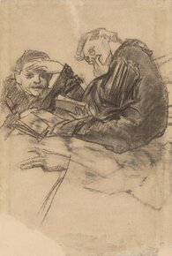 Stanisław Wyspiański, Podwójny portret Józefa Mehoffera w paryskiej pracowni. Studium do witraża Józefa Mehoffera do katedry łacińskiej we Lwowie, 1893 
węgiel, papier; 46,9 × 31,8 cm; niesygn., MNK
