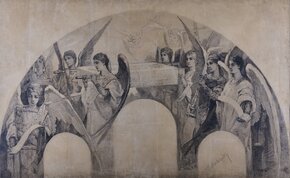 Wilhelm Kotarbiński, Procesja aniołów. Wielka Sobota, szkic malowidła lunety na południowej ścianie transeptu w chórze Soboru św. Włodzimierza w Kijowie, 1893–1894, ołówek włoski, pastel, papier; Kijowska Narodowa Galeria Sztuki