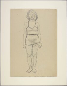 Andrzej Wróblewski, praca dwustronna, Szkic do obrazu Modelka w niebieskiej sukni, Szkic do obrazu Na plaży, ok. 1955/56, tusz lawowany (na odwrociu ołówek), papier, MNK