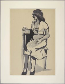 Andrzej Wróblewski, praca dwustronna, Szkic do obrazu Modelka w niebieskiej sukni, Szkic do obrazu Na plaży, ok. 1955/56, tusz lawowany (na odwrociu ołówek), papier, MNK