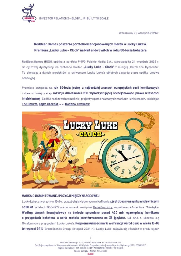 [IR-PL] 2026 09 29 RedDeer Games poszerza portfolio licencjonowanych marek o Lucky Luke'a