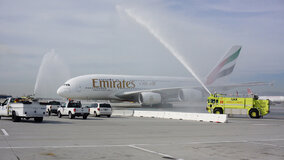 A Water Cannon Salute Welcomes the Emirates' A380 in Los Angeles.jpg