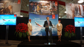 Hubert Frach, Emirates' Divisional Senior Vice President Commercial Operations West speaking after the arrival of the airlin.jpg