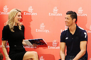 Emirates Global Ambassador Cristiano Ronaldo being interviewed by Rhiannon Jones of Real Madrid TV.jpg