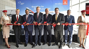 From left to right; Volker Greiner, Emirates’ Vice President North and Central Europe, His Excellency Ambassador Mr. Al Junaibi, Dr. Stefan Schulte, Chairman of the Executive Board of Fraport AG, Thierry Antinori, Emirates’ Executive Vice President and Chief Commercial Officer and State Secretary for European Affairs Mark Weinmeister and Adnan Kazim, Emirates’ Divisional Senior Vice President Planning and Aeropolitical and Industry Affairs. 