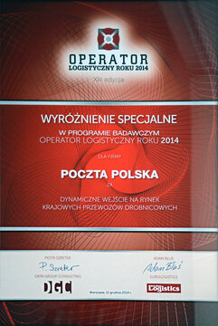  Poczta Polska wyróżnienie„Operator Logistyczny roku 2014 ”.jpg 