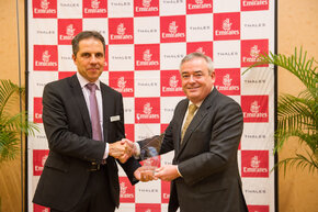 From Left: Dominique Giannoni, CEO, Thales InFlyt Experience and Patrick Brannelly, Divisional Vice President, Customer Experience (inflight Entertainment and Connectivity), Emirates Airline announcing the partnership at APEX (Airline Passenger Experience Association) in Singapore