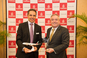 From Left: Dominique Giannoni, CEO, Thales InFlyt Experience and Patrick Brannelly, Divisional Vice President, Customer Experience (inflight Entertainment and Connectivity), Emirates Airline announcing the partnership at APEX (Airline Passenger Experience Association) in Singapore