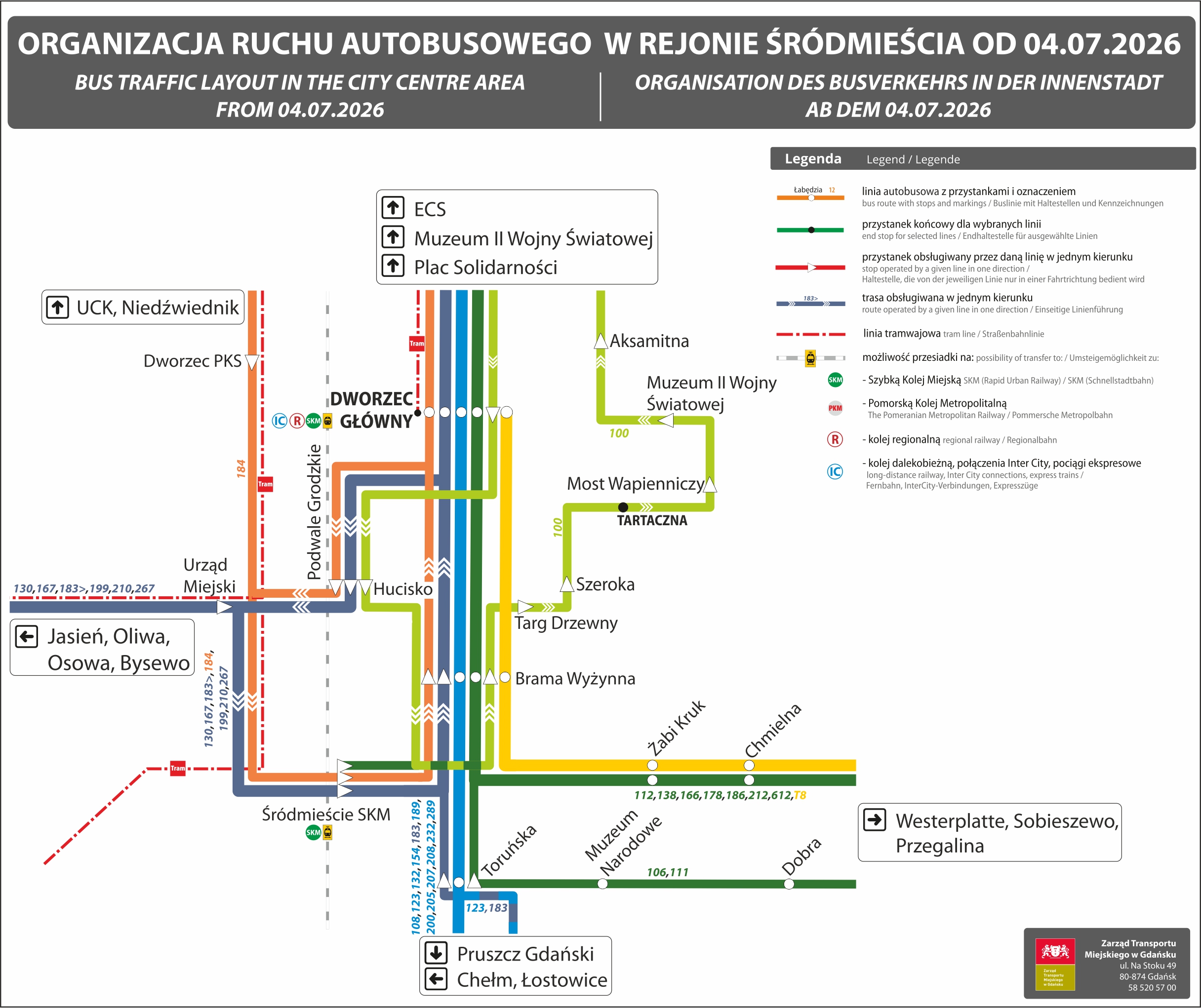 Schemat organizacji ruchu autobusowego w rejonie Śródmieścia Gdańska od 4 lipca 2026