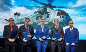 Na zdjęciu od lewej: Andrzej Ogonowski (dyrektor CMTM, Politechnika Gdańska), Domenico Marletta (MES), Marcin Nocuń (prezes WZL Nr 1 w Łodzi), Paolo Castelnovo (Leonardo MW), Christophe Alonso (Thales DMS)  