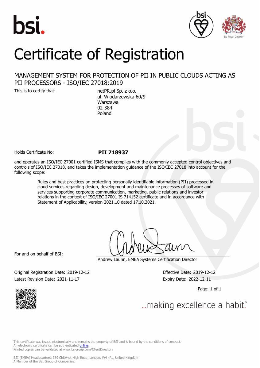 Certyfikat ISO/IEC  27018:2019 dla netPR.pl - wersja angielska(718937)2021
