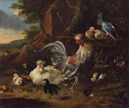 Melchior de Hondecoeter_Kogut, kura z kurczętami i gołębiami