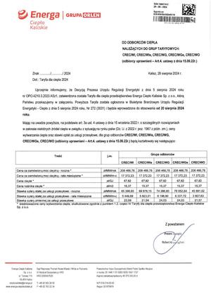 Pobierz Pismo o zmianie cen od 20 08 2024r  - odbiorcy uprawnieni rozliczani ceną dwuczłonową