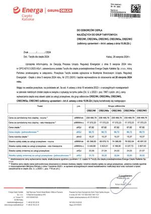 Pobierz Pismo o zmianie cen od 20 08 2024r  - odbiorcy uprawnieni rozliczani ceną jednoczłonową