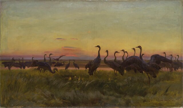 Józef Chełmoński, Żurawie – powitanie słońca, olej na płótnie, 1910, Muzeum Sztuki w Łodzi.jpg