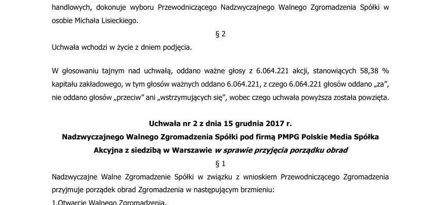 Treść uchwał powziętych w dniu 15 grudnia 2017 roku przez Nadzwyczajne Walne Zgromadzenie Emitenta