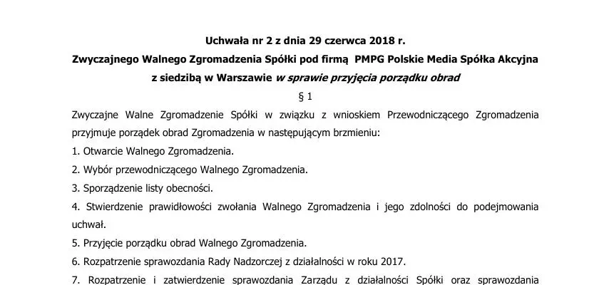 Projekty uchwał Zwyczajnego Walnego Zgromadzenia Spółki PMPG Polskie Media Spółka Akcyjna zwołanego na dzień 29 czerwca 2018 roku