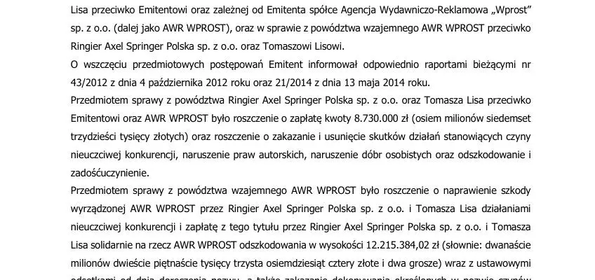 Nieprawomocny wyrok sądu w postępowaniu sądowym, którego stronami są Emitent oraz spółka zależna od Emitenta