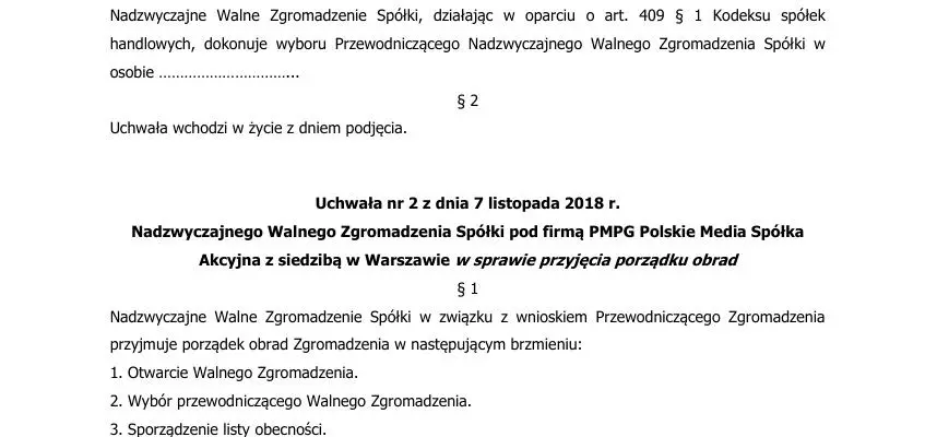 Projekty uchwał Nadzwyczajnego Walnego Zgromadzenia Spółki PMPG Polskie Media Spółka Akcyjna zwołanego na dzień 7 listopada 2018 roku