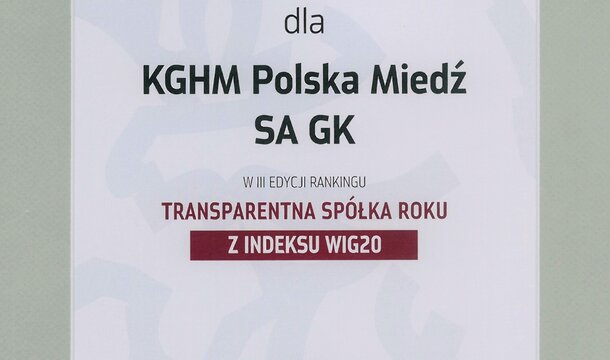 KGHM Polska Miedź S.A. z wyróżnieniem dla transparentnej spółki roku 