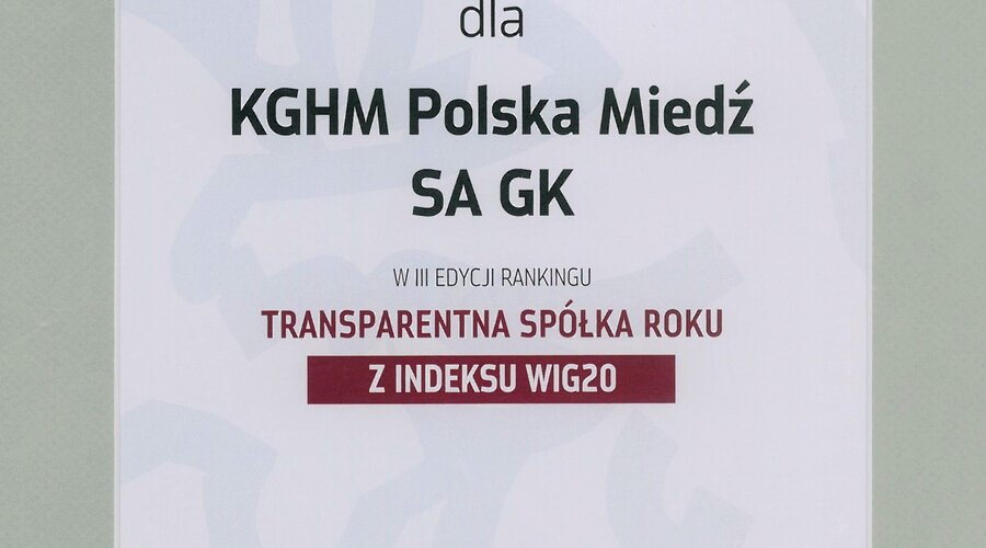 KGHM Polska Miedź S.A. z wyróżnieniem dla transparentnej spółki roku 