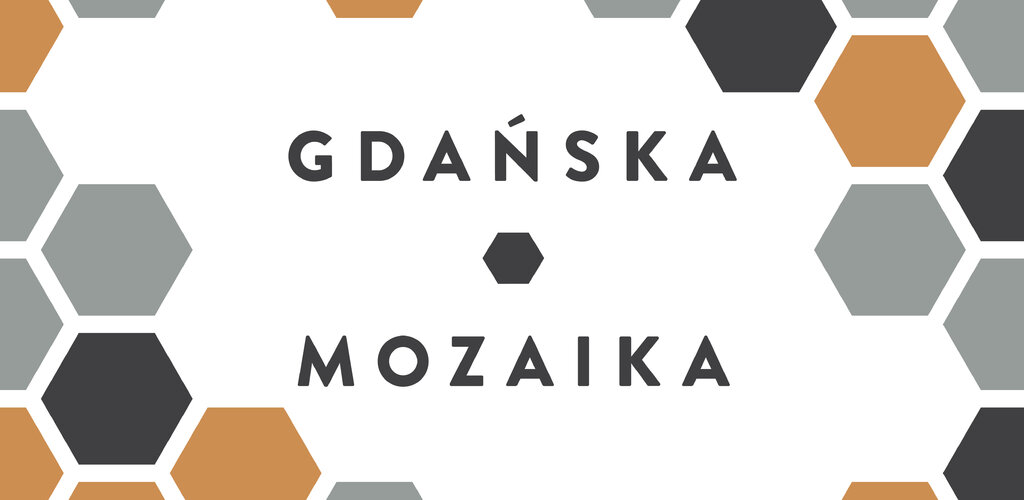 Grafika w centrum ma napis Mozaika Gdańska, wokół kompozycja sześciokątnych plastrów miodu. 