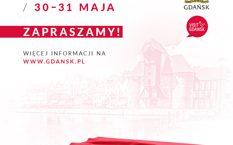 Plakat promocyjny akcji Czas na Gdańsk. Na dole czerwona flaga z herbem Gdańska. Na górze napis akcji Czas na Gdańsk.  