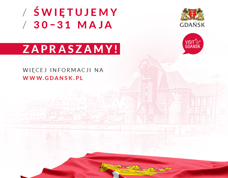 Plakat promocyjny akcji Czas na Gdańsk. Na dole czerwona flaga z herbem Gdańska. Na górze napis akcji Czas na Gdańsk.  