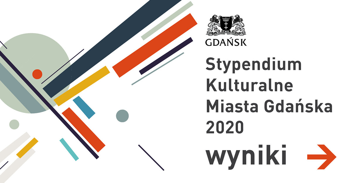 Grafika informująca o ogłoszeniu wyników Kulturalnego Stypendium Miasta Gdańska. Geometryczne kształty na białym tle i napis mówiący o inicjatywie. Nad napisem czarno-biały herb Gdańska