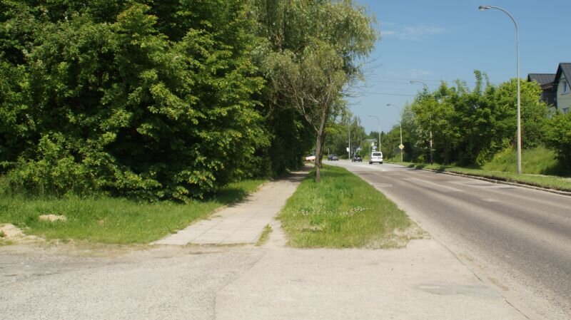 Na zdjęciu widać ulicę oraz pobocze i chodnik, a także drzewa i krzaki.