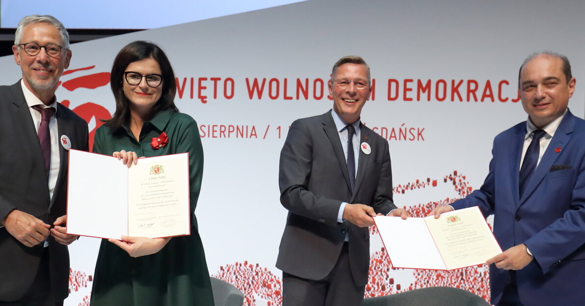 Na zdjęciu prezydent Dulkiewicz i dyrektor Kerski oraz goście wykładu Etyka Solidarności.