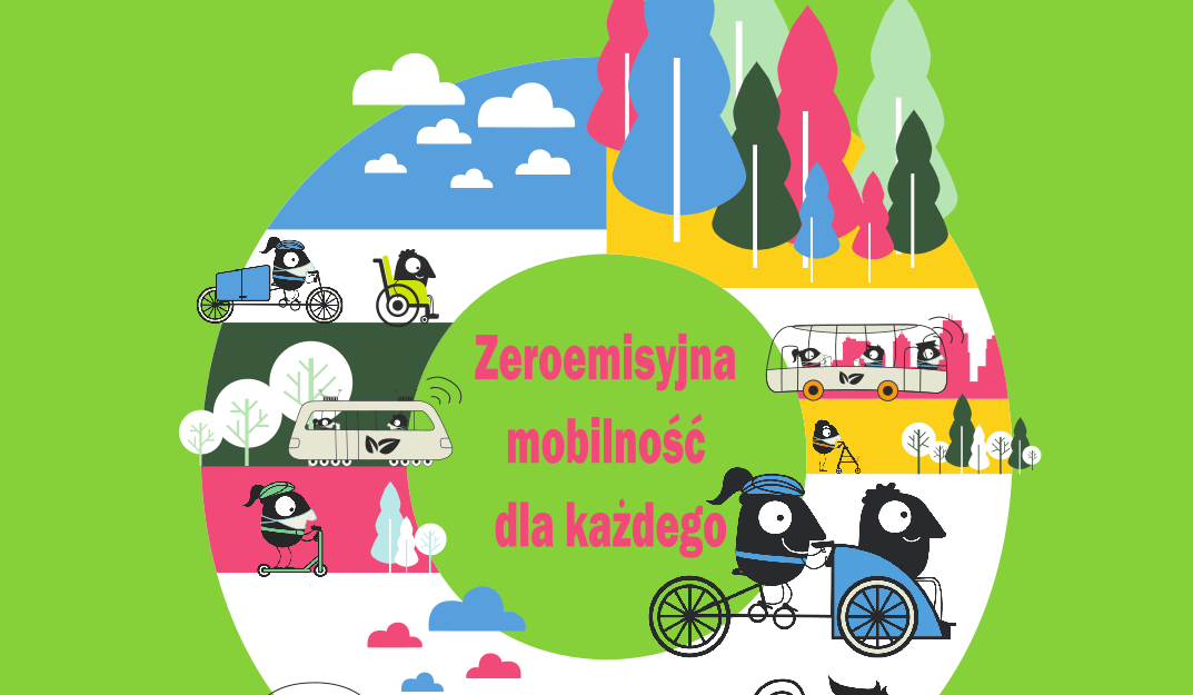 Grafika promująca Europejski Tydzień Zrównoważonego Transportu. Zielone tło.