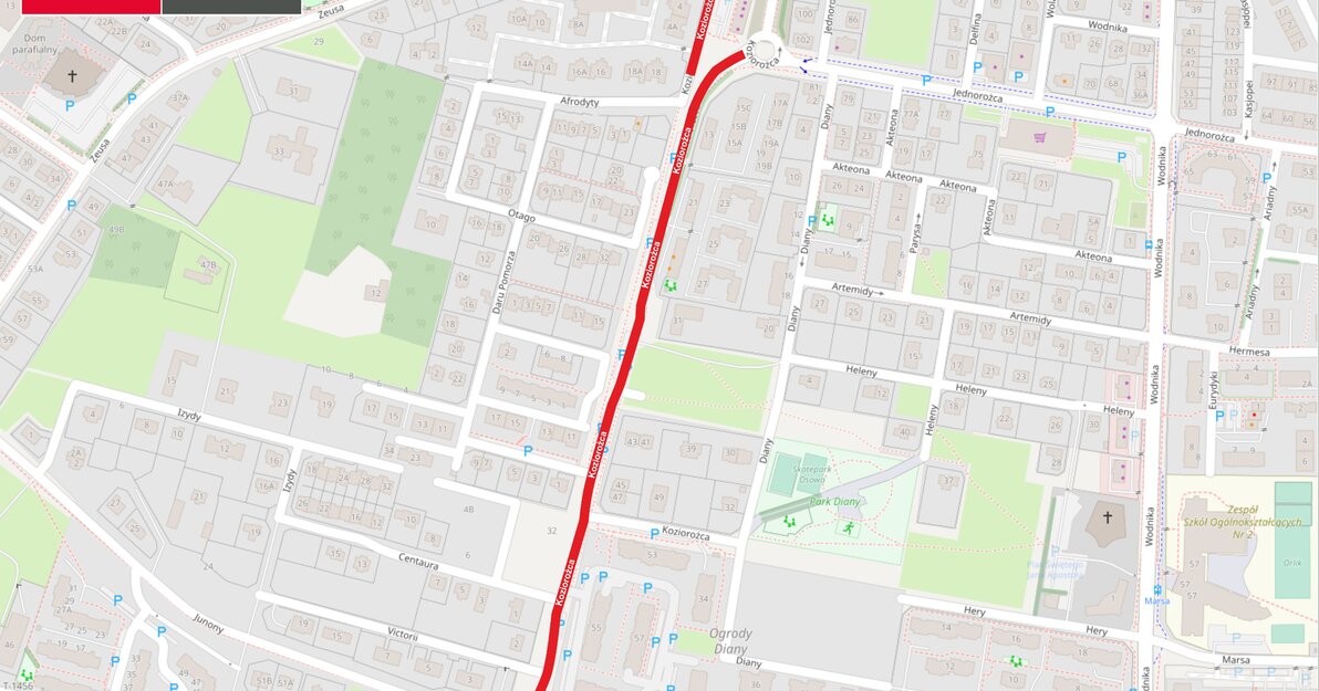 Mapka przedstawia zmiany drogowe na ul. Koziorożca.