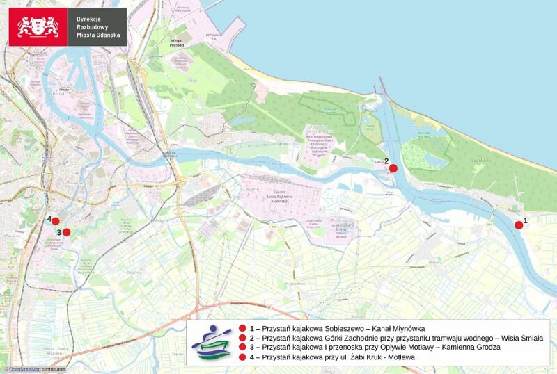 Mapa przedstawia Gdańsk oraz miejsca zaplanowanych przystani. Przystanie oznaczone czerwonymi kropkami.