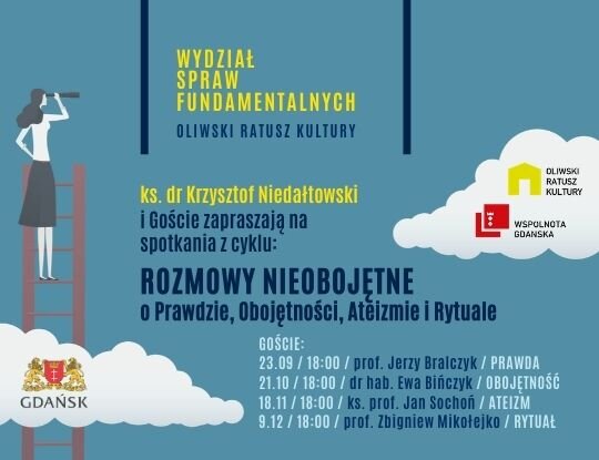 Grafika promująca wydarzenie, na niebieskim tle znajduję się nazwa i harmonogram rozmów. Z lewej strony jest narysowana kobieta stojąca na drabinie, która patrzy przez lunetę. 