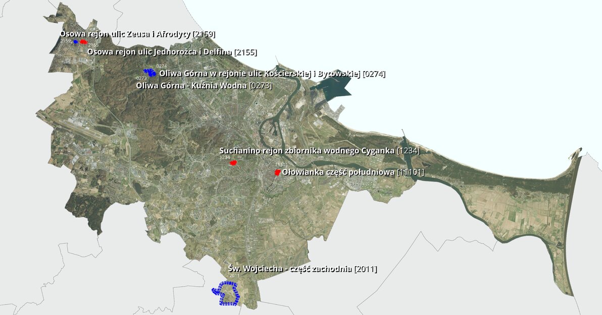 Widoczna jest mapa Gdańska z zaznaczonymi na niej miejscami co do których przedłożone były uchwały w sprawie planów miejscowych.