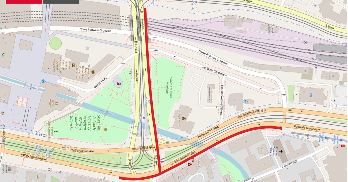 Mapa z zakresem przebiegu nowego ciągu pieszo-rowerowego na fragmencie Wałów Jagiellońskich i Hucisk