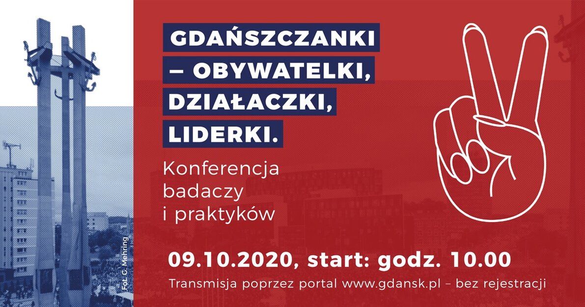 Grafika promująca konferencję. Na grafice znajdują się zdjęcie Pomnika Poległych Stoczniowców 1970 - trzech krzyży, Na czerwonym tle jest znak - dłonie ułożone w gest zwycięstwa.