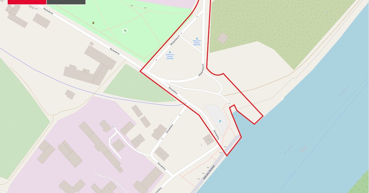 Mapa przedstawia teren nad Martwą Wisłą zlokalizowany u zbiegu ul. Wyzwolenia oraz Władysława IV, niemal naprzeciwko Twierdzy Wisłoujście. Obszar przewidziany do rewitalizacji otoczony jest czerwoną kreską.