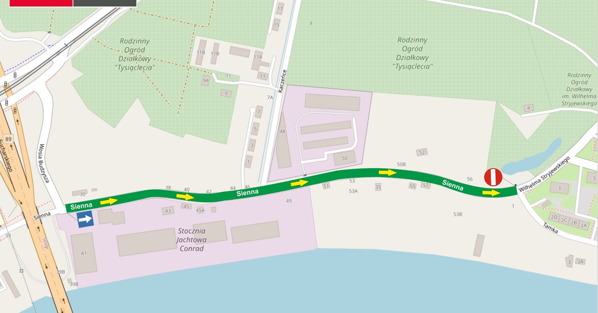 Mapa przedstawia fragment Gdańska z ul. Sienną, zmiany zaznaczono zieloną linią oraz żółtymi strzałkami skierowanymi  w jednym kierunku.