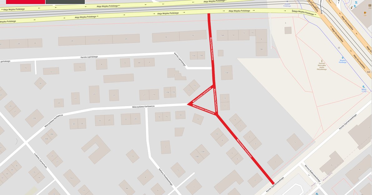 Mapa przedstawia ul. Karłowicza oraz okoliczne uliczki. Zmiany w ruchu oznaczono czerwoną linią.