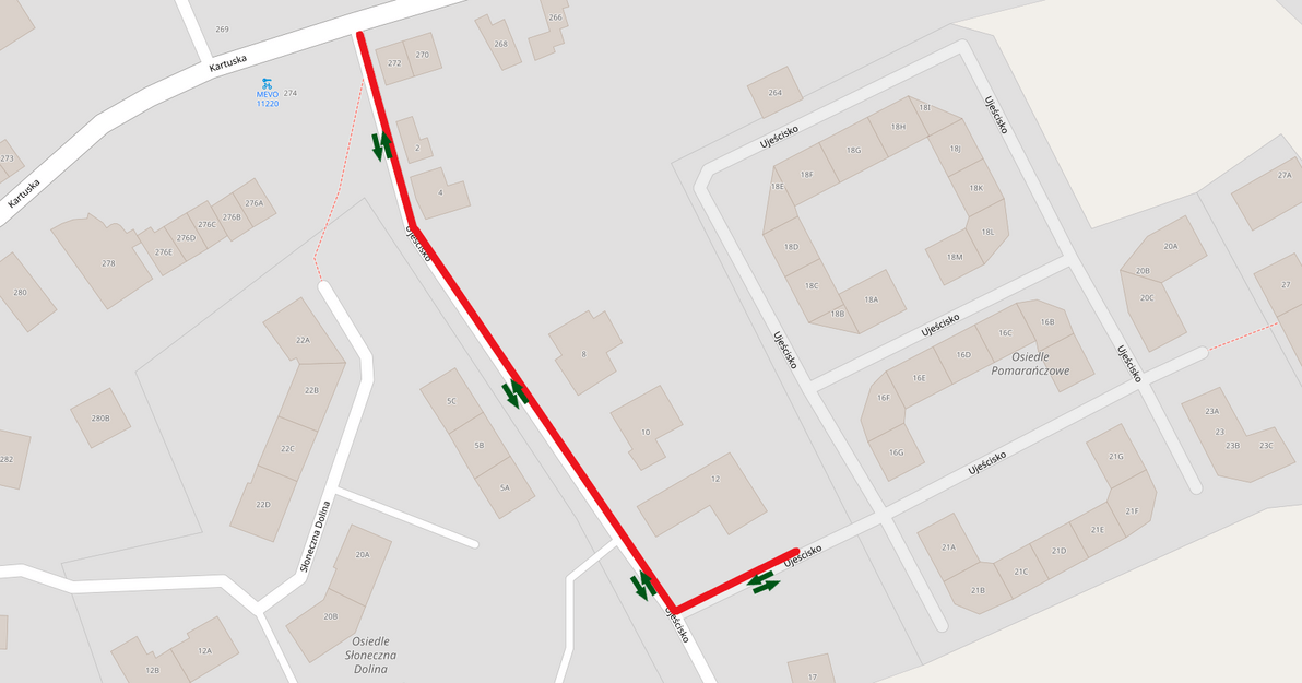 Mapka przedstawia ul. Ujeścisko i okolice. Odcinek, którego dotyczą zmiany zaznaczony jest linią czerwoną. Zielone strzałki oznaczają ruch w obu kierunkach.