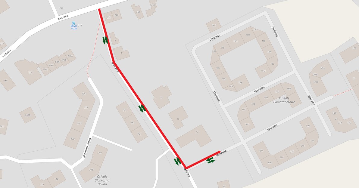 Mapka przedstawia ul. Ujeścisko i okolice. Odcinek, którego dotyczą zmiany zaznaczony jest linią czerwoną. Zielone strzałki oznaczają ruch w obu kierunkach.