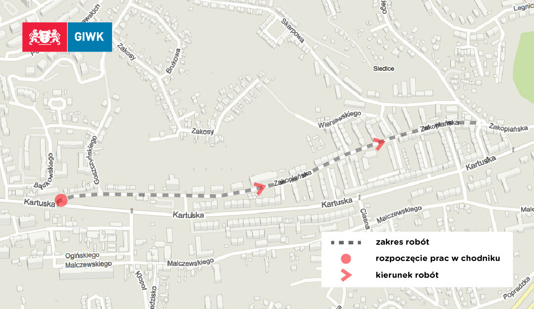 Mapa przedstawia ul. Zakopiańską oraz okolice. Zakres prac oznaczono przerywaną szarą linią, początek czerwoną kropką, a kierunek czerwonymi strzałkami.