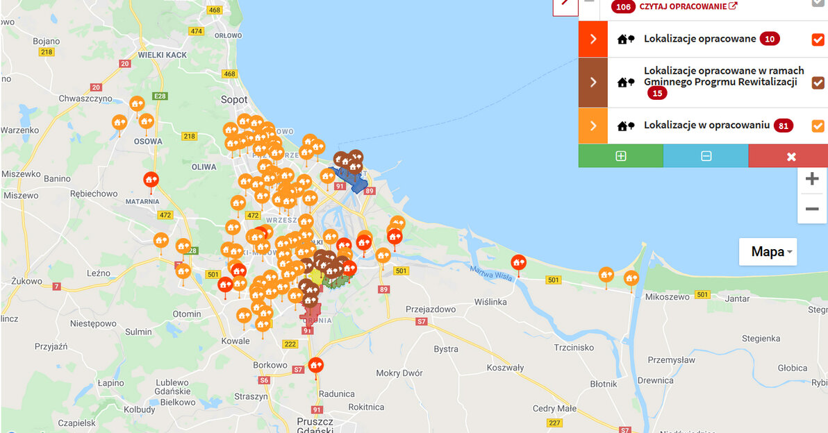 Na zdjęciu mapa gdańska z zaznaczonymi lokalizacjami w opracowaniu Gdańskie Przestrzenie Lokalne. W prawym górnym roku menu z podziałem na kategorie