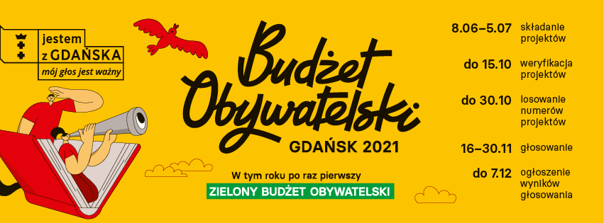 Żółta grafika ilustrująca projekt. Na środku znajduje się nazwa, z prawej strony jest rysunkowa grafika przedstawiająca kobietę klęczącą w otwartej książce i patrząca przez lunetę, za nią stoi narysowany mężczyzna.  