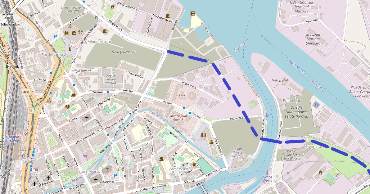 Mapa przedstawia Dolne Miasto oraz Główne Miasto. Granatowa, przerywaną linią zaznaczono proponowany/oreintacyjny przebieg ul. Nowej Wałowej